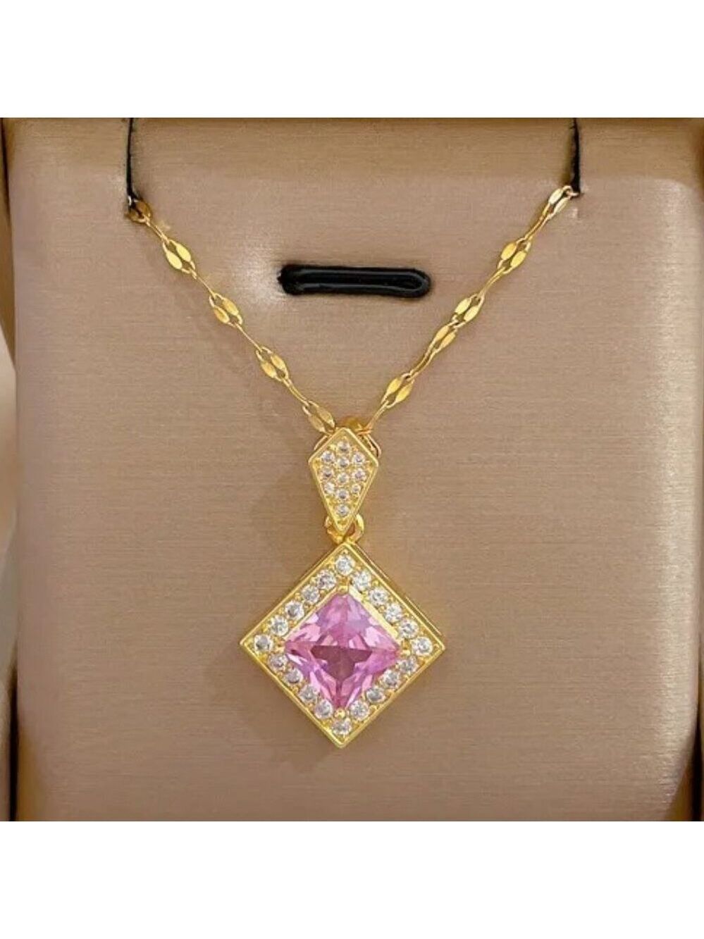 18K Gold Plated Stainless Steel Layered Zircon Pendant Necklace – Pink CZ